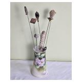Weiman Antique German Porcelain Hat Pin Holder with Antique Hat Pins