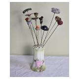 Stunning Bavairan Porcelain Hat Pin Holder with Antique Hat Pins