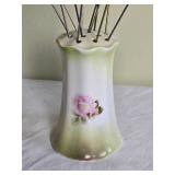 Stunning Bavairan Porcelain Hat Pin Holder with Antique Hat Pins