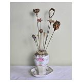 Gorgeous French Limoges Hat Pin Holder with Antique Hat Pins