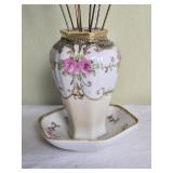Gorgeous French Limoges Hat Pin Holder with Antique Hat Pins