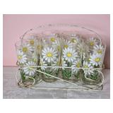 Darling Vintage Springtime Handpainted White Daisy Glass Set with Caddy - (8)
