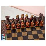Awesome Vintage Painted Wood Carved Miniature Chess Set - Aztecs & Conquistadores