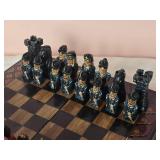 Awesome Vintage Painted Wood Carved Miniature Chess Set - Aztecs & Conquistadores