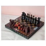 Awesome Vintage Painted Wood Carved Miniature Chess Set - Aztecs & Conquistadores