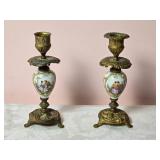 Antique French Handpainted Porcelain Candlestick Pair