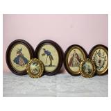 Antique European Print / Needlepoint Oval Frame Decor - (6)
