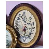 Antique European Print / Needlepoint Oval Frame Decor - (6)