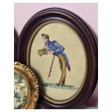 Antique European Print / Needlepoint Oval Frame Decor - (6)