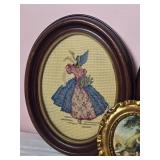Antique European Print / Needlepoint Oval Frame Decor - (6)