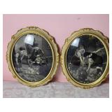 Antique French Round Framed Prints, Pair