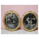 Antique French Round Framed Prints, Pair