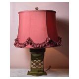 Vintage Brass Urn Table Lamp with Frilled Red Shade