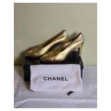 CHANEL Designer Gold Leather Pump Heels - Size 36