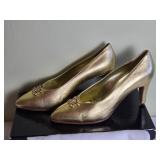 CHANEL Designer Gold Leather Pump Heels - Size 36