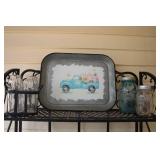 Decorative Galvanized Tray with Truck Design and Glass Jars Set