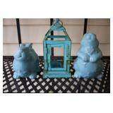 Set of 2 Ceramic Bunny Figurines and Rustic Lantern