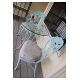 Vintage Aqua Bistro Set with Glass Table and 2 Floral Chairs