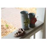 Set of 2 Rustic Metal Flower Vases and Decorative Baby Shoes