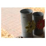 Set of 2 Rustic Metal Flower Vases and Decorative Baby Shoes