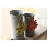 Set of 2 Rustic Metal Flower Vases and Decorative Baby Shoes