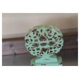 Decorative Metal Lantern and Distressed Mint Green Filigree Sculpture