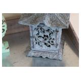 Decorative Metal Lantern and Distressed Mint Green Filigree Sculpture