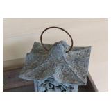 Decorative Metal Lantern and Distressed Mint Green Filigree Sculpture