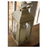 Vintage Cream Metal and Glass Lantern with Candle