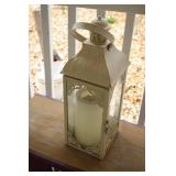 Vintage Cream Metal and Glass Lantern with Candle