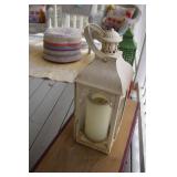 Vintage Cream Metal and Glass Lantern with Candle