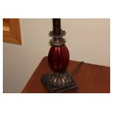Decorative Table Lamp with Red Shade and Beaded Trim