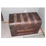 Antique Wooden and Metal Steamer Trunk with Decorative Straps