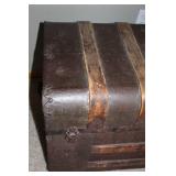 Antique Wooden and Metal Steamer Trunk with Decorative Straps
