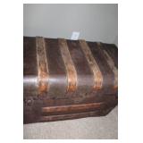 Antique Wooden and Metal Steamer Trunk with Decorative Straps