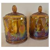 Pair of Vintage Amber Carnival Glass Canisters