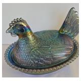 Covered Carnival Glass Hen Candy Dish