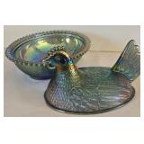Covered Carnival Glass Hen Candy Dish
