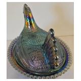 Covered Carnival Glass Hen Candy Dish