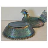 Covered Carnival Glass Hen Candy Dish
