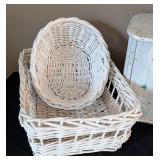 White Wicker Baskets and Wooden Wall Shelf