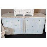 White Wicker Baskets and Wooden Wall Shelf