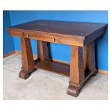 Vintage Oak Arts and Crafts Oak Pedestal Desk / Vintage Oak Mission Style Library Table