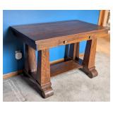 Vintage Oak Arts and Crafts Oak Pedestal Desk / Vintage Oak Mission Style Library Table