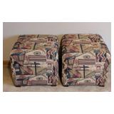 Pair of Fun Print Upholstered Ottomans