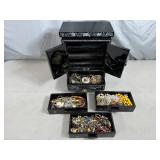 Beautiful Black Laquered & Mother of Pearl Jewelry Box with Contents