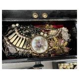 Beautiful Black Laquered & Mother of Pearl Jewelry Box with Contents