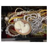 Beautiful Black Laquered & Mother of Pearl Jewelry Box with Contents