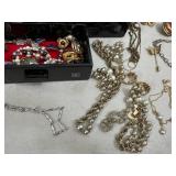 Beautiful Black Laquered & Mother of Pearl Jewelry Box with Contents