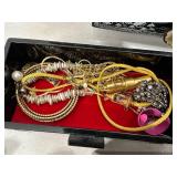 Beautiful Black Laquered & Mother of Pearl Jewelry Box with Contents